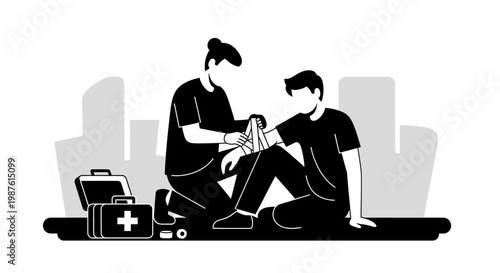 Medical professional providing first aid to injured person in silhouette vector