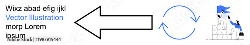 Data transfer, teamwork, productivity, communication, workflow, process visualization. Large arrow, circular arrows small group arranging blocks. Data transfer and teamwork concepts