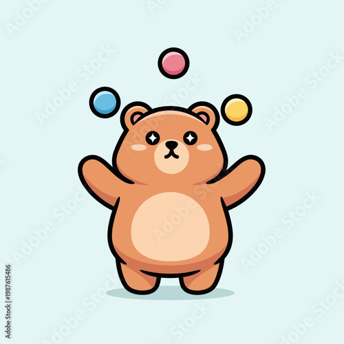 Cute Cartoon Bear Juggling Colorful Balls with Adorable Expression.