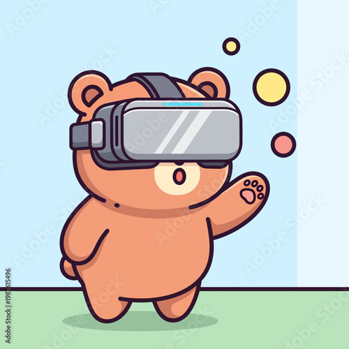 Cute cartoon bear wearing virtual reality headset exploring digital world.