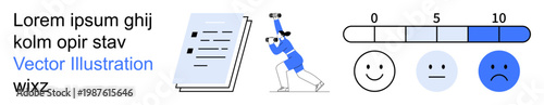 Business management, workplace evaluation, employee feedback, performance analysis, productivity, HR systems. Character observing data, happy faces with a 0 to 10 rating scale. Workplace evaluation