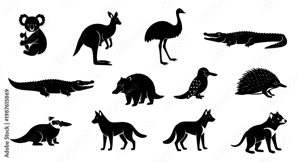 Obraz premium Australian Animal Silhouette Vector Set Minimal Black Wildlife Icons Collection