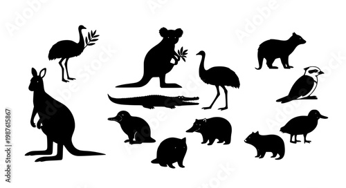 Australian Wildlife Silhouette Icons Set Minimal Black Animal Vector Collection