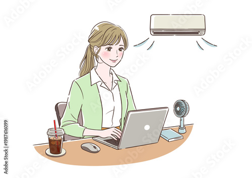 夏に快適な気温でデスクワークをする女性　右向き