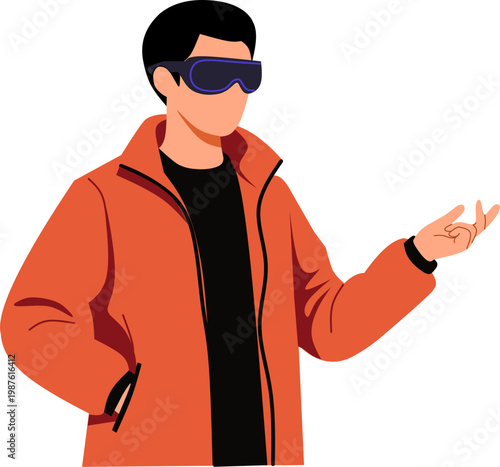 Flat vector illustration of a faceless man wearing a bright orange jacket and purple futuristic glasses gesturing with one hand, ideal for presentations, explaining concepts, or educational content