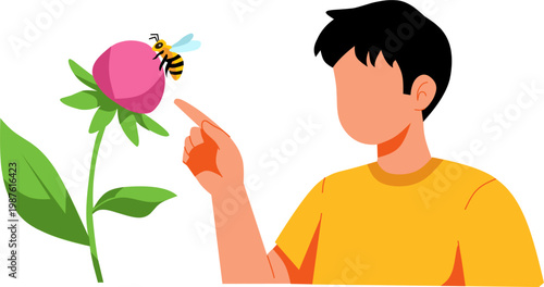 A flat vector illustration of a young man in a yellow shirt pointing at a bumblebee landing on a pink flower, representing curiosity, learning, and environmental awareness about pollination and nature