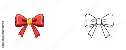 Gift ribbon bow in flat cartoon and black line style red colors represents decorative element for holiday presents and celebration wrapping isolated on white background