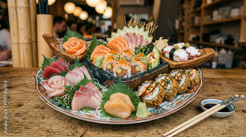 Sushi e salmão fresco com apresentação sofisticada da culinária japonesa