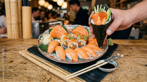 Sushi e salmão fresco com apresentação sofisticada da culinária japonesa