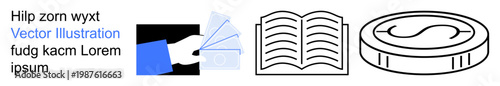 Financial transactions, education, learning tools, economy, payment systems, and documentation. Hand holding cards, open book and coin shapes. Financial transactions and education concepts