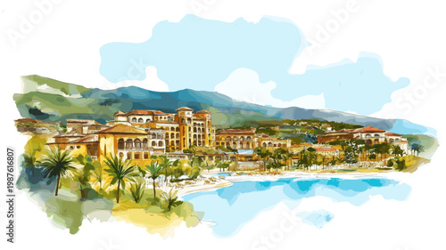 Sun City Resort. Sun City Resort hand drawn watercolor illustration on white background
