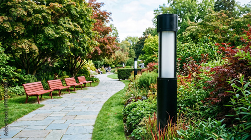 Foto A peaceful stone pathway winding through a lush, vibrant public park