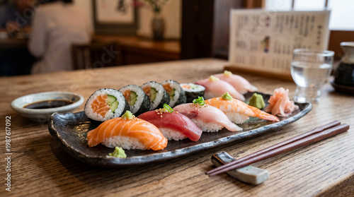 Sushi e salmão fresco com apresentação sofisticada da culinária japonesa