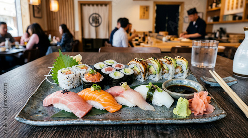 Sushi e salmão fresco com apresentação sofisticada da culinária japonesa