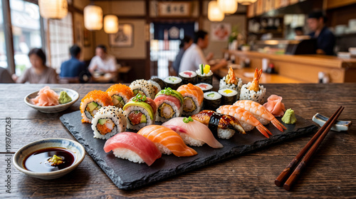 Sushi e salmão fresco com apresentação sofisticada da culinária japonesa