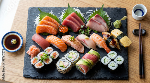 Sushi e salmão fresco com apresentação sofisticada da culinária japonesa