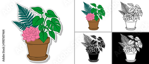 Monstera Deliciosa Fern Echeveria Succulent Potted Plant Vector Illustration Bundle Flat Line Art Silhouette Houseplant Sticker For Interior Decor Urban Jungle Gardening Hobby Concept Isolated