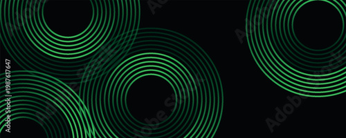 Dark abstract background with dynamic and elegant green circle line design. Modern and minimalist design with bright neon glowing lines. VOL. 2