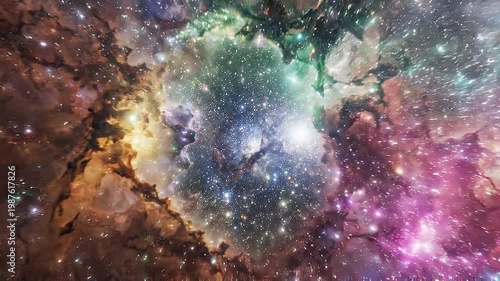 Flying through colorful cosmic nebula with stars, glowing particles, deep space exploration background, ultra detailed sci-fi environment, 4K