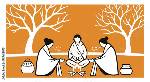 Traditional village scene vector illustration, people sitting around a campfire in winter, folk art style of people warming themselves by a fire