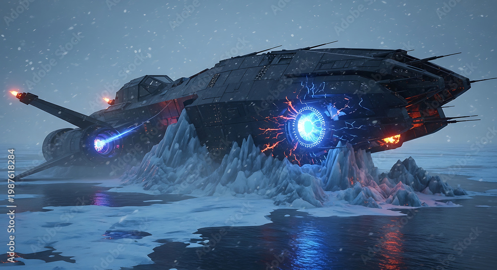 Naklejka premium futuristic scifi spaceship landed on a frozen arctic planet emitting powerful blue energy and light during a snowy winter