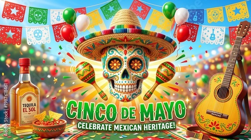 Cinco de Mayo celebration with traditional Mexican items including skull hat guitar bottles and food
