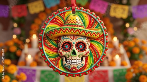 Colorful Mexican Sugar Skull Ornament With Hat Displayed Among Flowers