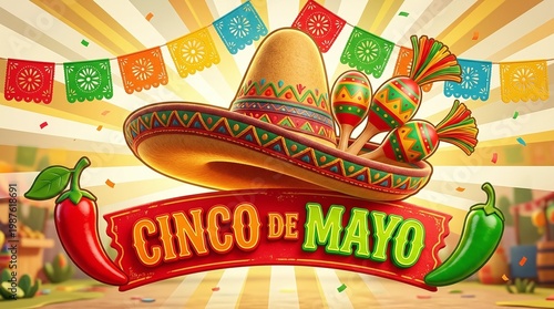 Festive Cinco de Mayo celebration with sombrero maracas and chili peppers