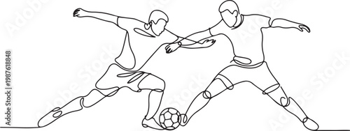 Continuous line drawing of two soccer players competing for the ball, showing intensity, balance, and determination in a match.one line drawing vector illustration