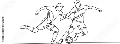 Continuous line drawing of two soccer players competing for the ball, showing intensity, balance, and determination in a match.one line drawing vector illustration
