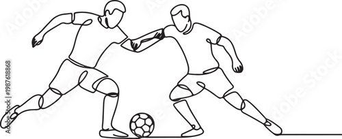 Continuous line drawing of two soccer players competing for the ball, showing intensity, balance, and determination in a match.one line drawing vector illustration