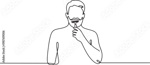 Continuous line drawing of a man shaving his beard with a razor. Minimalist vector illustration in outline style, showing daily grooming