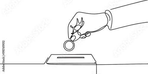 Continuous line drawing of a hand putting a coin into a charity donation box. One line drawing illustrating the act of giving, kindness, generosity.one line drawing vector illustration