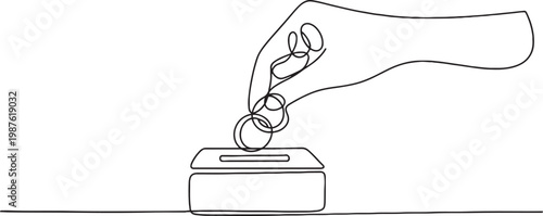 Continuous line drawing of a hand putting a coin into a charity donation box. One line drawing illustrating the act of giving, kindness, generosity.one line drawing vector illustration