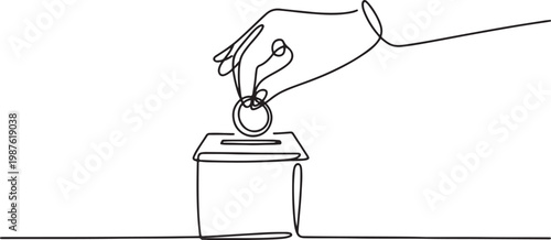 Continuous line drawing of a hand putting a coin into a charity donation box. One line drawing illustrating the act of giving, kindness, generosity.one line drawing vector illustration