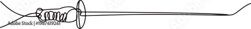 continuous line drawing of a fencing sword, showcasing the slender blade and protective guard, symbolizing precision, sport, and elegance in fencing.one line drawing vector illustration