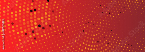 Abstract fiery red background with scattered halftone dots forming curved radial flow, orange gradient mosaic, energetic modern vector composition.