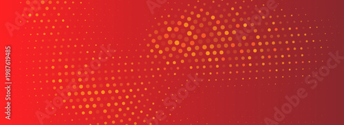 Abstract red-orange digital backdrop with dissolving halftone particles, asymmetric radial dot clusters, smooth gradient wave flow, futuristic pop-art fusion vector