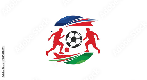 Soccer players kicking a ball.