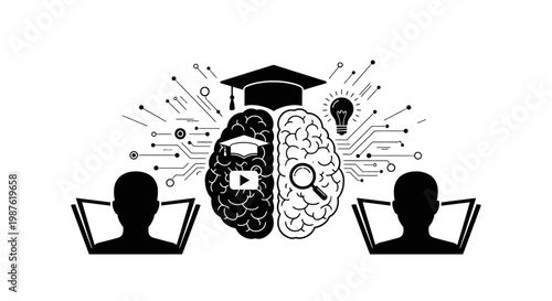 Brain with graduation cap and people.