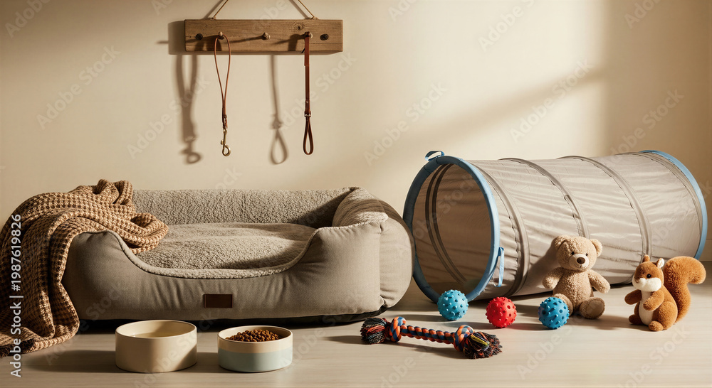 Fototapeta premium Dog bed with soft blanket, agility tunnel and play toys in cozy room. Collection of pet accessories and supplies for puppy care. Comfortable items for domestic animal rest and leisure.
