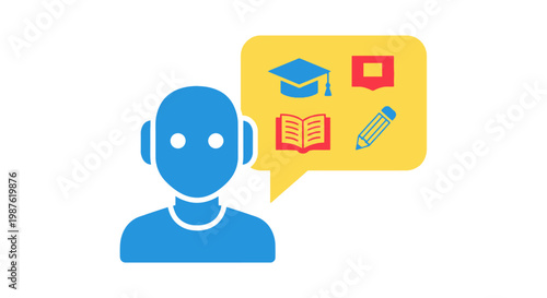 Blue robot with headphone and education icons.