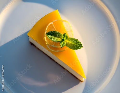 Lemon Cheesecake Slice with Mint and Citrus Garnish in Soft Sunlight