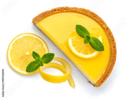 Lemon Tart Slice with Mint and Lemon Isolated on White Background