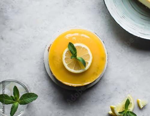 Top view of a glossy mini lemon tart topped with a fresh lemon slice and mint leaves on a clean marble background