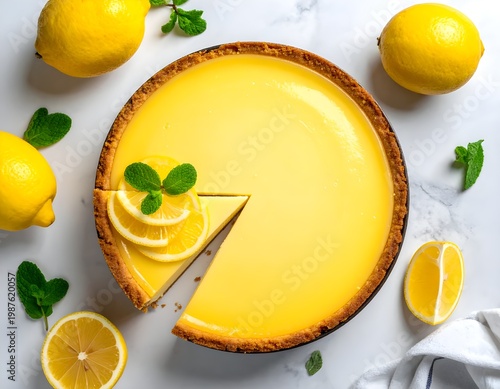 Lemon Tart with Slice and Mint Garnish on White Background