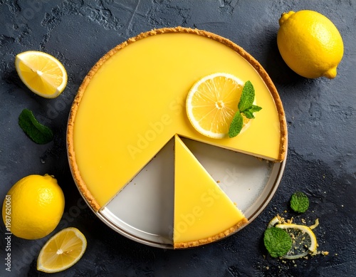 Lemon Tart with Slice Removed on Dark Background with Mint Garnish