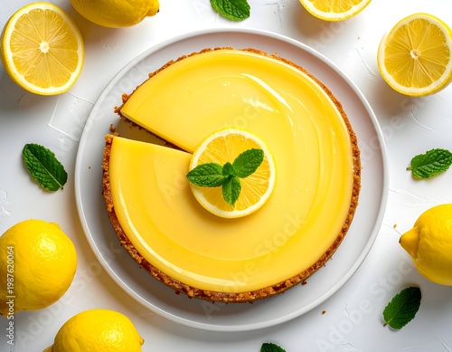 Top view of a glossy lemon tart with a slice removed, garnished with fresh mint and lemon slices