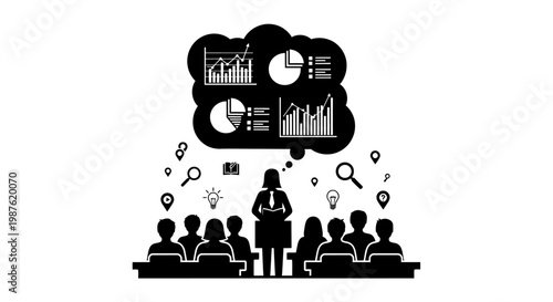 Businesswoman presenting to audience with charts.