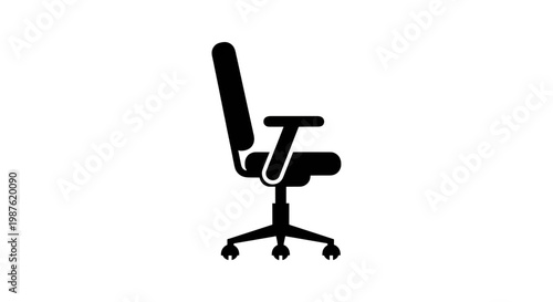 A modern office chair with armrests and a five star base on wheels.